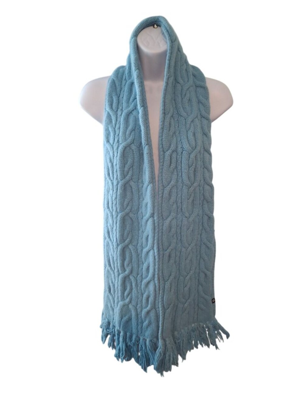 GAP Blue Cable Knit Scarf Wool Cashmere Angora Fringe Cozy Coastal Preppy